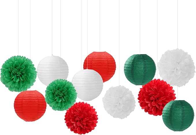 Red-Green White Party-Decorations Christmas Flowers Lanterns - 15PCS Italian Mexican Independence Day Paper Tissue Pom Poms Streamers,Mexico Italy Birthday Baby Shower Wedding Hanging Decor Hugfond