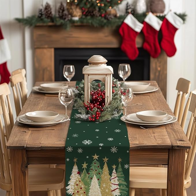 GEEORY Christmas Table Runner 13x108 Inch, Xmas Trees Snowflakes Holiday Decorative Farmhouse Table Decoration for Kitchen Dinning, Indoor Outdoor Dinner Party Decor (Green) GT152-108