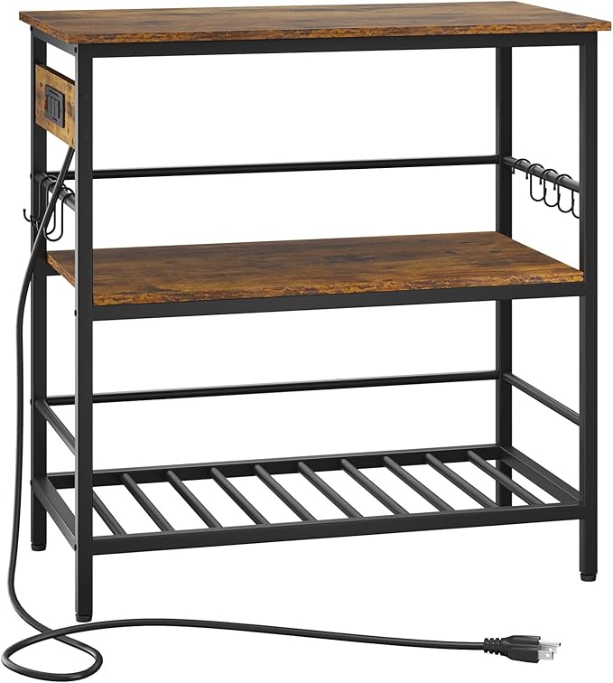 IBUYKE Kitchen Island with Storage, Bakers Rack with Power Outlet,Microwave Stand with Large Worktop,Rolling Bar Cart for Home, Outdoor, Kitchen,Rustic Brown and Black TMJ029H