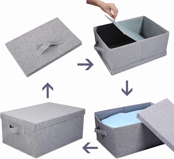 HOONEX Linen Foldable Storage Bins with Lids, 2 Pack, Storage Boxes with Carrying Handles and Sturdy Heavy Cardboard, 16.5" L x 11.8" W x 7.5" H for Shoes, Books, Clothes, Light Grey