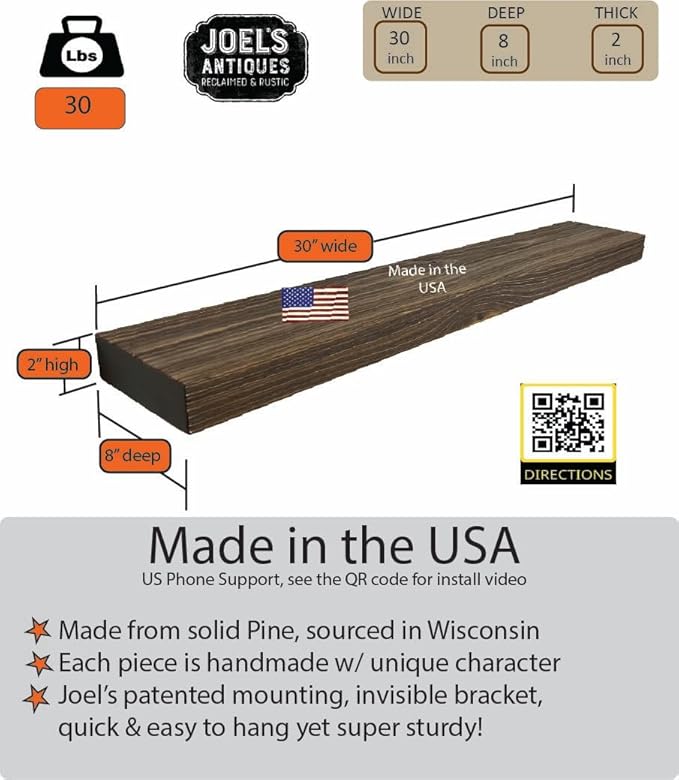 joelsantiques 30 Inch Floating Shelves - 30x8x2 in - Bathroom Shelves Over Toilet - Wall Mounted Floating Shelves Toilet Paper Storage Small Farmhouse Decor Shelf, Rustic Brown