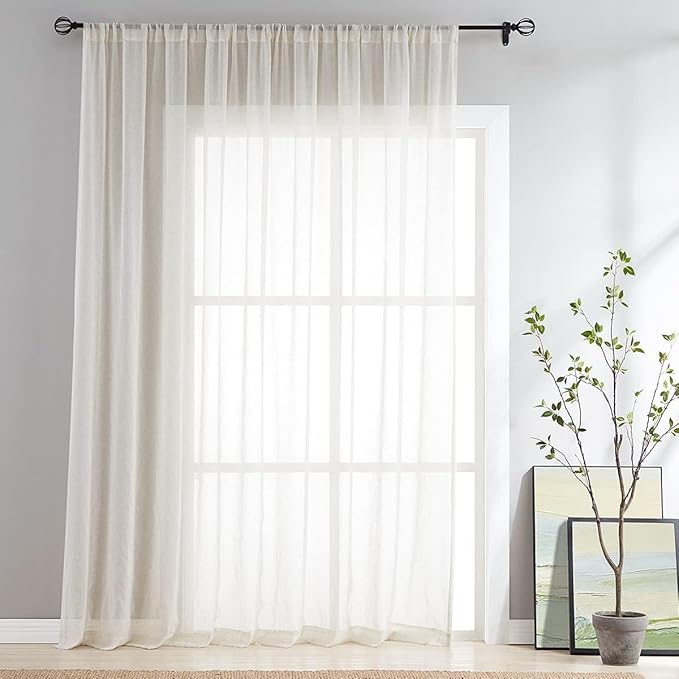 FMFUNCTEX Linen Sheer Sliding Door Curtains for Bedroom, Beige Curtains 96 Inches Long Window Curtain Drapes for Living Room, Natural Patio Glass Door Extra 100 Wide Curtain, Rod Pocket 1 Panel