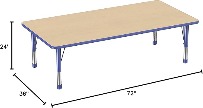 FDP Rectangle Activity School and Classroom Kids Table (36 x 72 inch), Toddler Legs, Adjustable Height 15-24 inches - Maple Top and Blue Edge