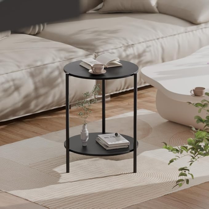 Side Table, Round End Table with 2-Layer Storage Rack, 15.7" Small Spaces Circle Table, Metal Frame Design Small Side Tables, for Living Room, Bedroom, Black