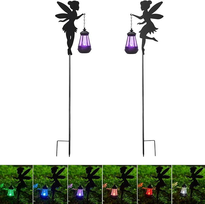 Fairy Garden Accessories Lawn Ornaments 1 Pair - Solar Lights Halloween Decorations Outdoor Garden Statue, Metal Stakes Decorative Figurines for Yard Decor, Patio (Type B Color-Shifting Lighting)