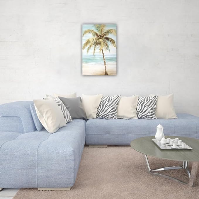 LURENCZH Tropical Beach Canvas Wall Art Seaside Palm Tree Picture Wall Decor Ocean Scenery Painting Prints for Bathroom Decor Framed(Beach-1,16.00" x 24.00")