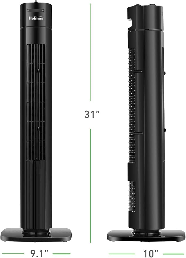 Holmes 31" Manual Tower Fan, 70° Oscillation, 3 Speeds, 2-Hour Auto Shut-Off Timer, Adjustable Vents, Compact and Slim Profile, Carry Handle, Ideal for Cooling your Home, Bedroom or Office, Black