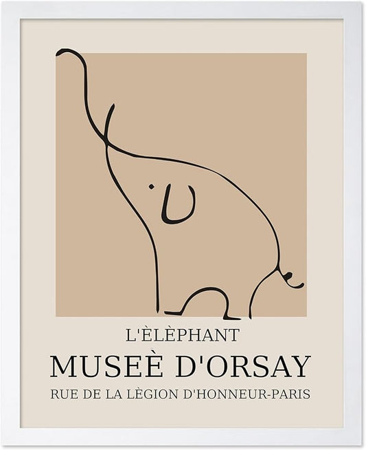 Poster Master Vintage Poster - Retro Minimalist Print - Gift for Artist, Housewarming - Elephant, Line Drawing, Sketch, Abstract - Wall Decor for Living Room, Bedroom, 8x10 White Framed