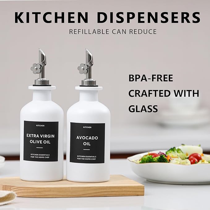 HOMCDALY Olive Oil Dispenser for Kitchen, 11.8oz Glass kitchen Dispenser Bottle, White Oil&Vinegar Cruet Set, Leakproof Oil Bottle for Cooking| Set of 2 (11.8oz – White)