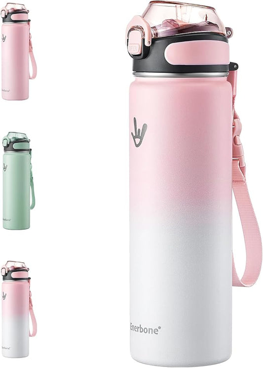 Enerbone 24 oz Insulated Water Bottle, Stainless Steel Bottle with Carrying Strap, Double-Wall Vacuum Insulation Design, Leakproof Sports Bottle with Straw, Keep Drinks Cold or Hot for Hours