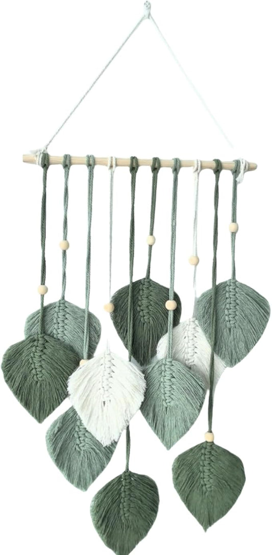 Madiffcult Macrame Wall Hanging Boho Wall Decor Woven Feather Wall Art Handmade Macrame Leaf Tapestry with Wooden Beads for Bedroom Living Room Nursery 16x27 Inch (Green)