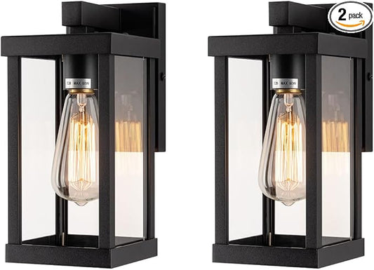 mirrea 11" Classic Outdoor Wall Sconce 1 Light in Matte Black Rectangular Metal Frame and Clear Glass Shade Waterproof Porch Light Patio Light Pack of 2
