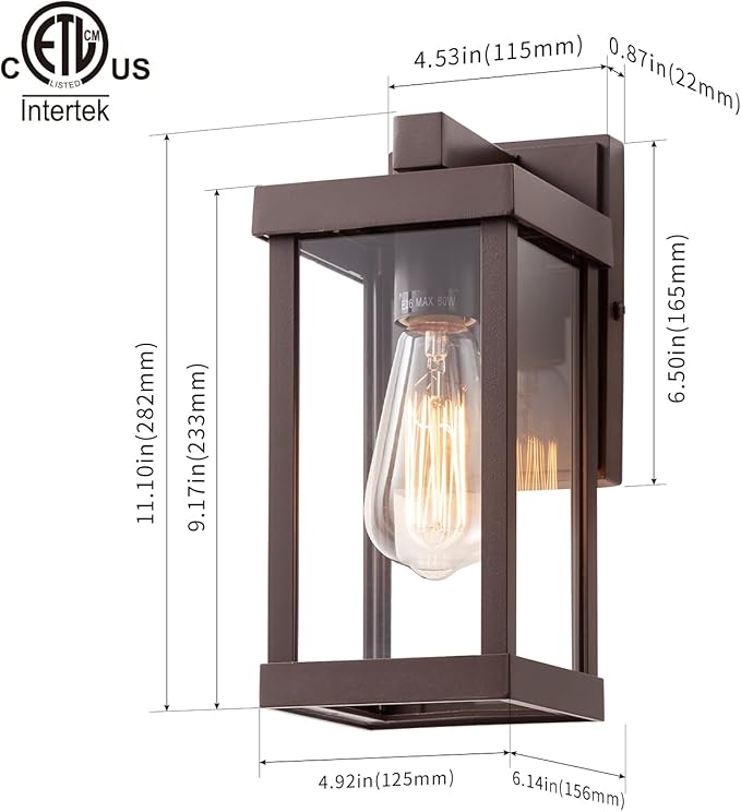 mirrea 11" Classic Outdoor Wall Sconce 1 Light in Oil Rubbed Bronze Rectangular Metal Frame and Clear Glass Shade Waterproof Porch Light Patio Light Pack of 2