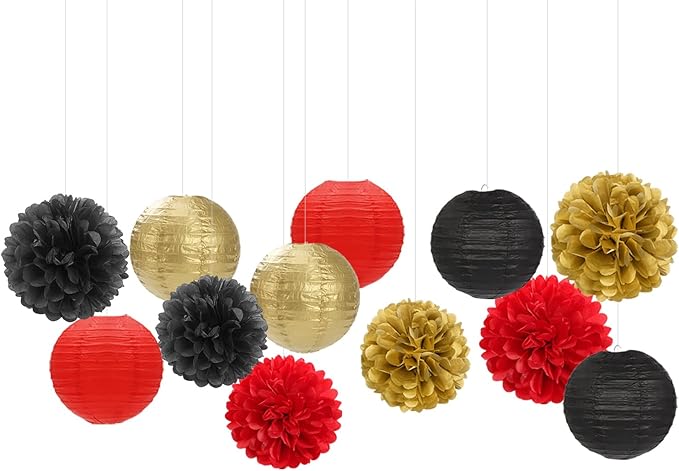 Red-Black Gold Party-Decorations Paper Flowers Lanterns - 15PCS Casino Theme Halloween Tissue Pom Poms Streamers,Game Night Women Men Birthday Wedding Bachelorette Hanging Supplies Decor Hugfond