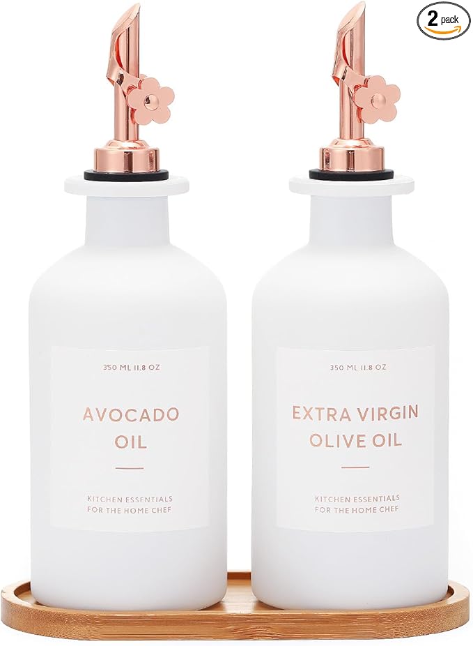 HOMCDALY Olive Oil Dispenser for Kitchen, 11.8oz Glass kitchen Dispenser Bottle, Rose Gold Oil&Vinegar Cruet Set, Leakproof Oil Containers for Cooking, Kitchen Decor | Set of 2 (11.8oz – Rose Gold)