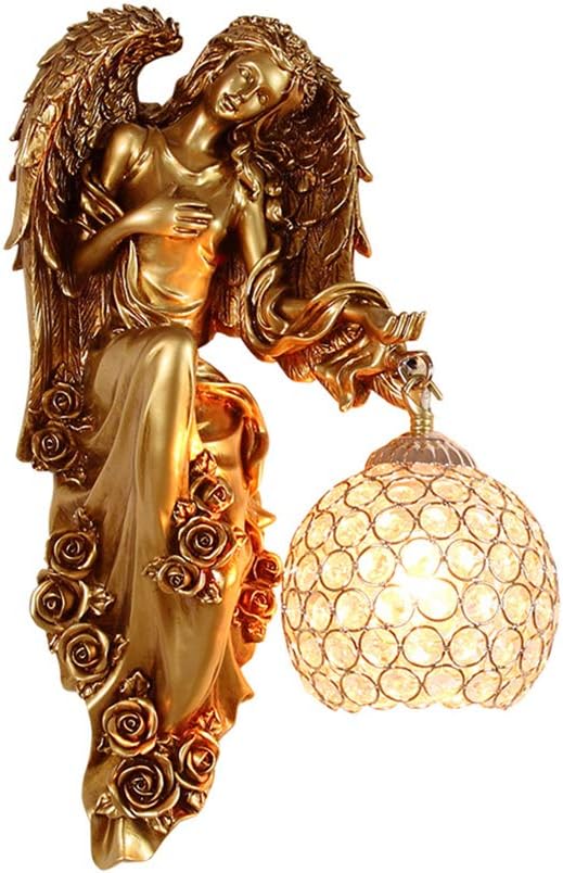 LITFAD Angel Wall Lamp Antique Spherical Sconce Light Decorated Bedside Lamp Clear Crystal 1 Light in Gold LED Wall Light for Bedroom Living Room Hotel - Right