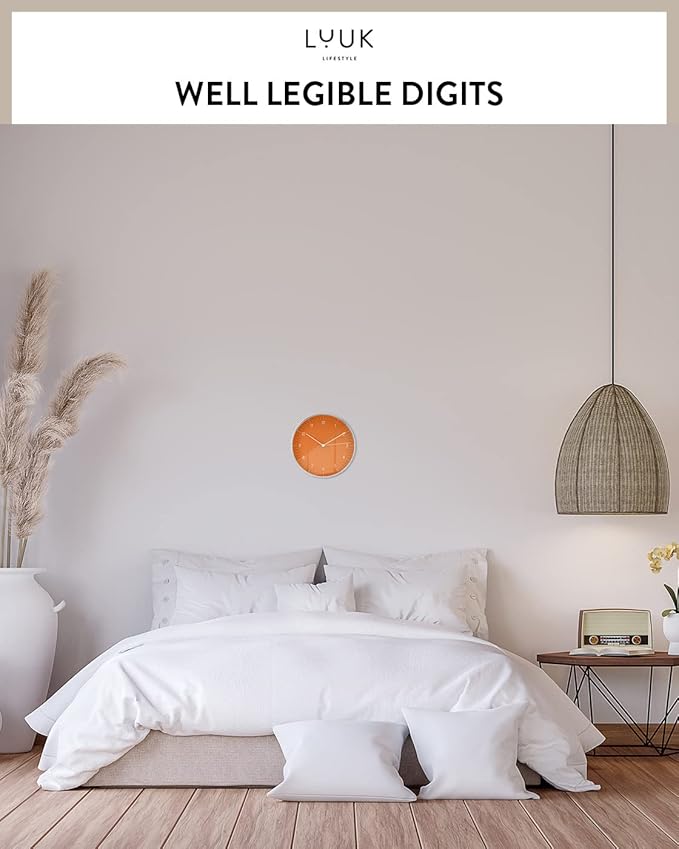 LUUK LIFESTYLE Silent Quartz Wall Clock, Modern and Minimalist Design, Without Ticking, 10” Kitchen Clock, for Living Room, Bedroom, Housewarming Gift, Orange and Silver