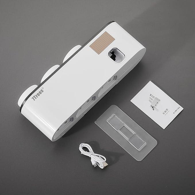 Toothbrush Cleaning Holder, Self Adhesive Toothbrush Holder with 3 Cups, Automatic Toothpaste Squeezer Dispenser Bathroom Accessories Set (White)