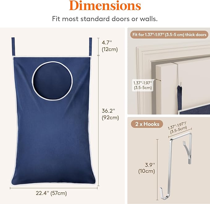 Lifewit 2 Pack Over Door Laundry Hamper, Large Collapsible Hanging Laundry Hamper, Hanging Laundry Basket Bag for Bathroom Bedroom Dirty Clothes Storage Organizer, Dark Blue