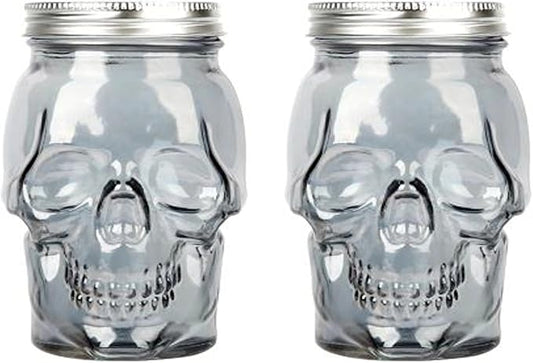 Set of 2 Skull Mason Jar Glasses with Lids | 42oz Reusable Halloween Drinking Glasses | Unique Skull Décor, Storage, & Canning Jars for Parties & Gifts