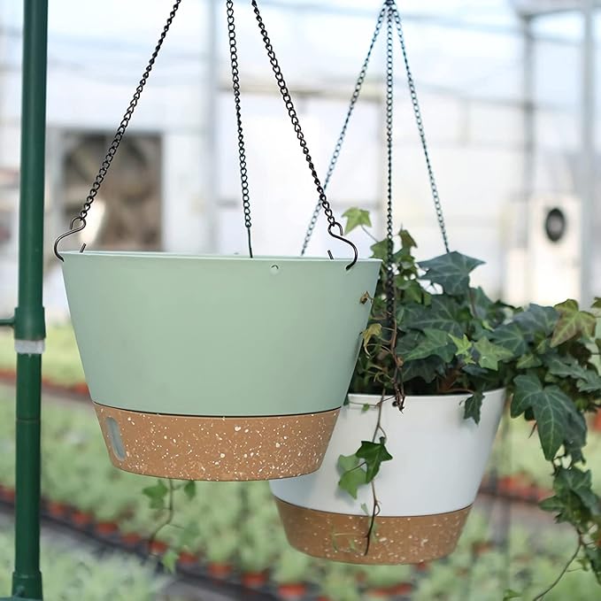 ZMTECH 8 Inch Hanging Planters for Indoor Plants, Hanging Baskets for Plants Outdoor with Visible Water Level, Hanging Flower Pots with Drainage Holes & Removable Tray(2 Pack, Green)