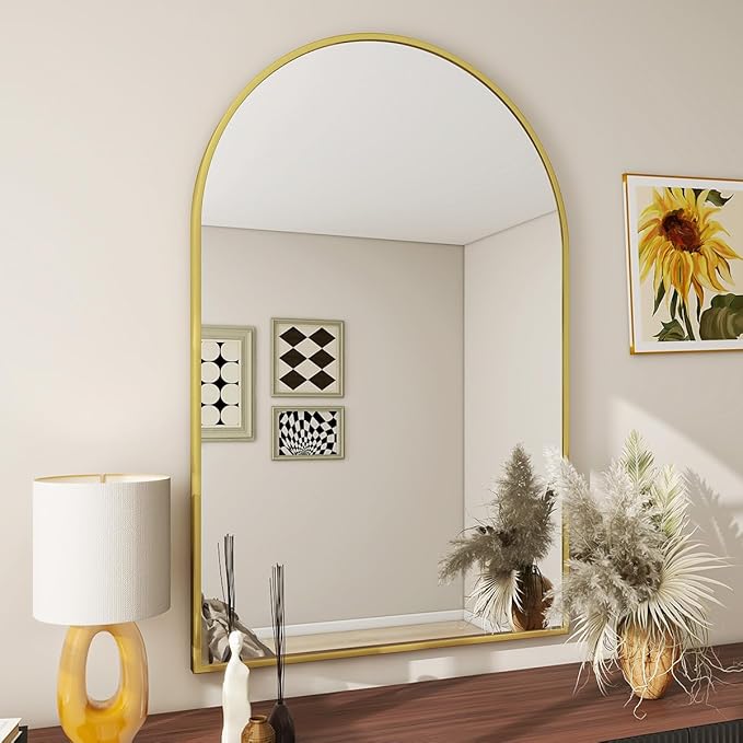 BEAUTYPEAK Wall Mounted Mirror, 26 inch x38 inch Arch Bathroom Mirror, Gold Vanity Wall Mirror w/ Metal Frame for Bedroom, Entryway, Living Room