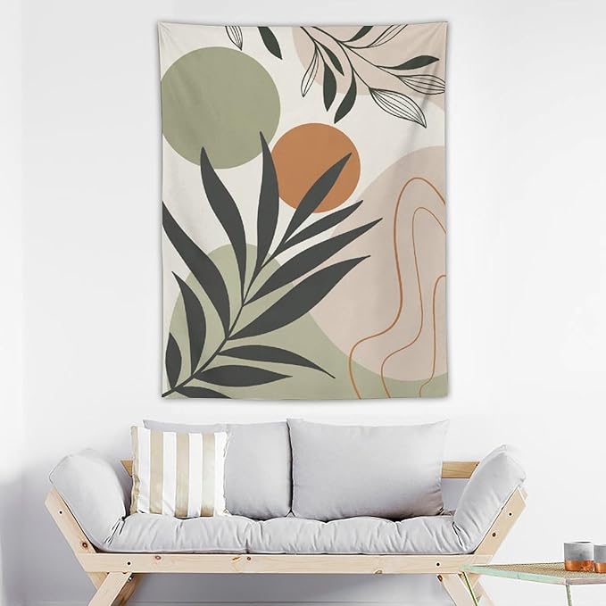 Abstract Bohemian Mid Century Tapestry, Tropical Leaves Modern Geometric Archway Minimalist Bohemian Botanical Aesthetic Wall Hanging, Sage Green Gold Home Decor Art for Bedroom 50x60 Inch