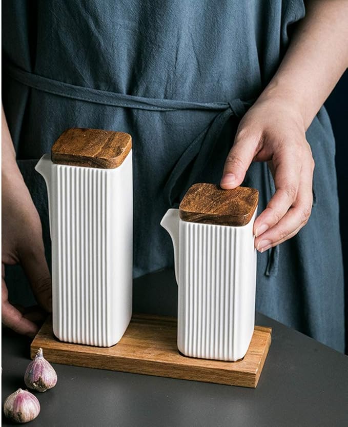 Ceramic Tabletop Liquid Condiment Dispenser, Modern Design for Oil or Vinegar, White