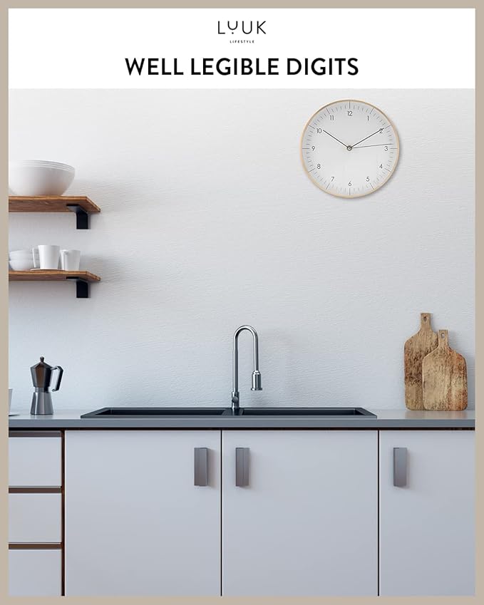 LUUK LIFESTYLE Silent Quartz Wall Clock, Nordic and Minimalist Design, Interior Decoration for Living Room, Kitchen, Bedroom, White and Gold