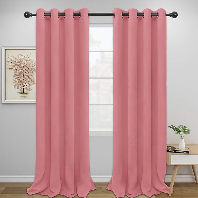 Easy-Going Blackout Curtains for Bedroom, Solid Thermal Insulated Grommet and Noise Reduction Window Drapes, Room Darkening Curtains for Living Room, 2 Panels (52x108 in,Pink)