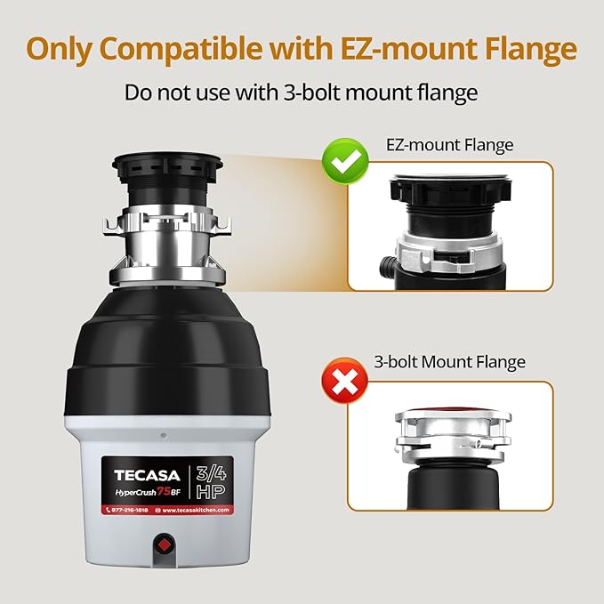 3/4 HP Batch Feed Garbage Disposal, TECASA Stainless Steel Food Waste Grinding System for Kitchen Sink Food Waste, Power Cord Included, Sound Reduction, Grey and Black - HyperCrush 75 BF