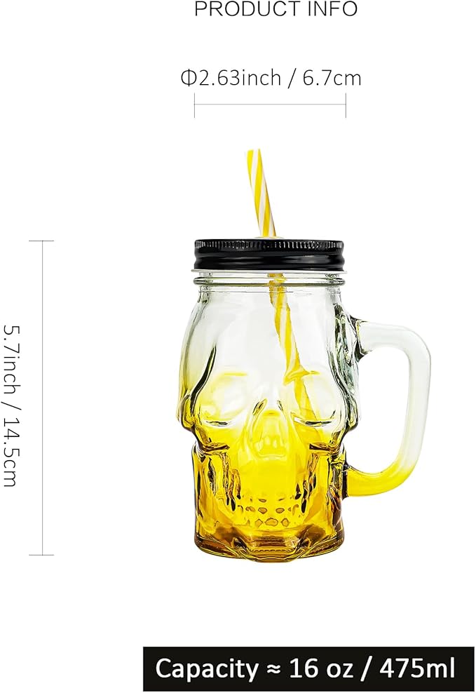 Halloween Cups Set of 4 - Yellow Skull Glass Drinking Jar with Lids and Straws - Halloween Decor, Drinking Glasses 16 oz