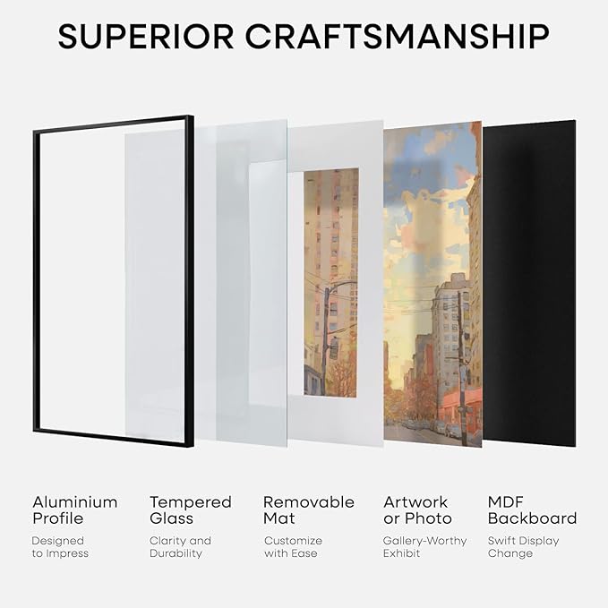 Homeforia 11x11 Picture Frame Black, High End Metal 11 by 11 Square Frames with Mat 9 x 9 Opening, 11by11 Poster Frames Matted to 9x9 inch Photo, Wall Hanging Frame, Tempered Glass, Wall Kit, Set of 1