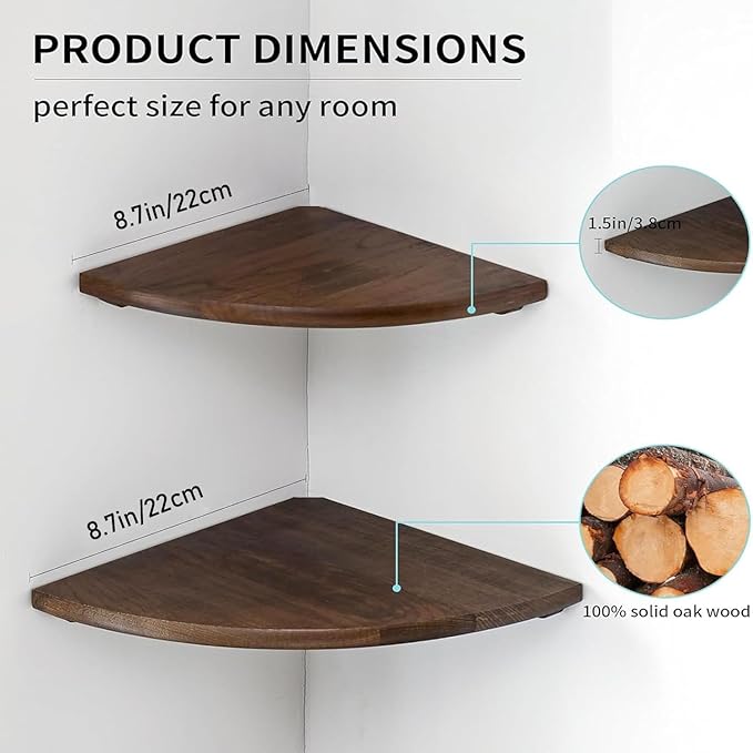 Corner Shelves, Floating Corner Shelf, Set of 2 Solid Oak Wood Wall Shelves, Round End Wall Mount with Wire Hole Shelving for Small Plant for Bedroom Kitchen, Living Room Walnut 8.7”