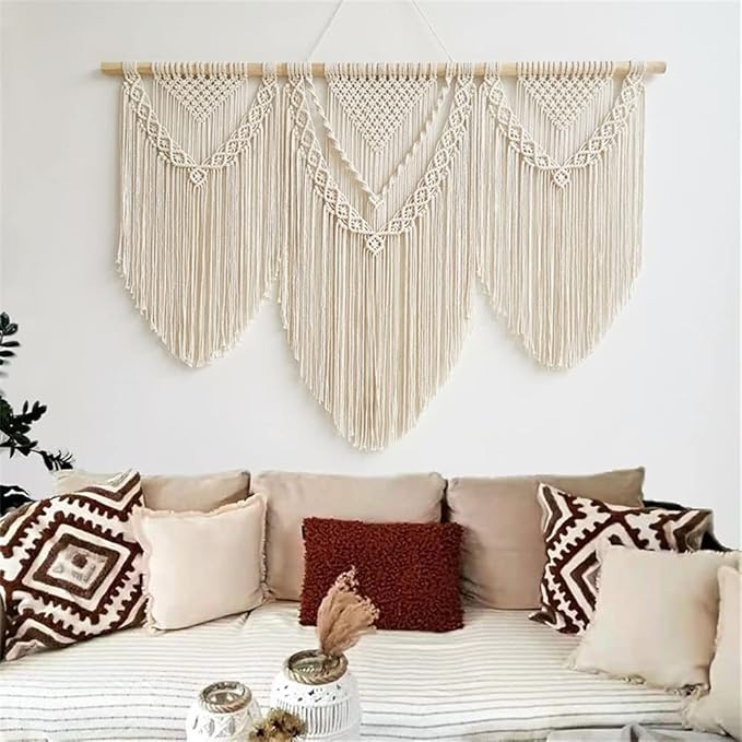 large macrame wall hanging - Boho Tapestry Macrame Wall Decor Art- Chic Bohemian Handmade Woven Tapestry Home Decoration for Bedroom Living Room Apartment Wedding Party - 43"x32" (Beige-Triangle)