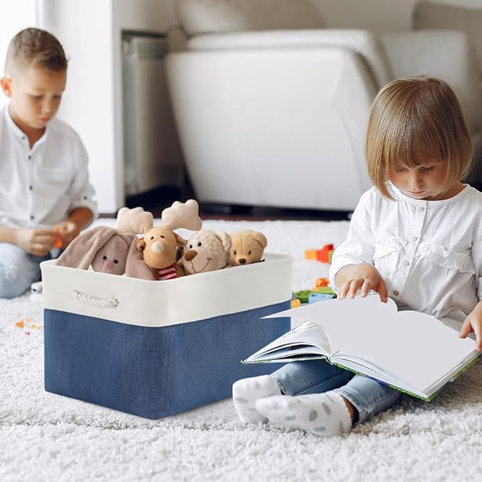 Organization and Storage Bins for Shelves - 2 Pack 17X15X12 inch Canvas Storage Cubes Collapsible Baskets for Organizing with Handles, Storage Box for Cloth Decorative (White & Blue)