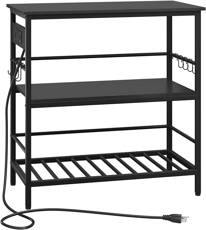 IBUYKE Kitchen Island with Storage, Bakers Rack with Power Outlet,Microwave Stand with Large Worktop,Rolling Bar Cart for Home, Outdoor, Kitchen,Black TMJ029B