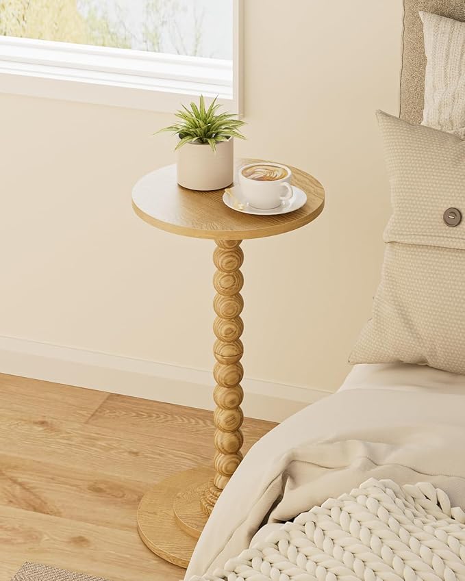 Masupu Round Side Table, Small End Table for Small Spaces, Pedestal Drink Table with Solid Wood Leg for Living Room, Bedroom, Corners(Natural)