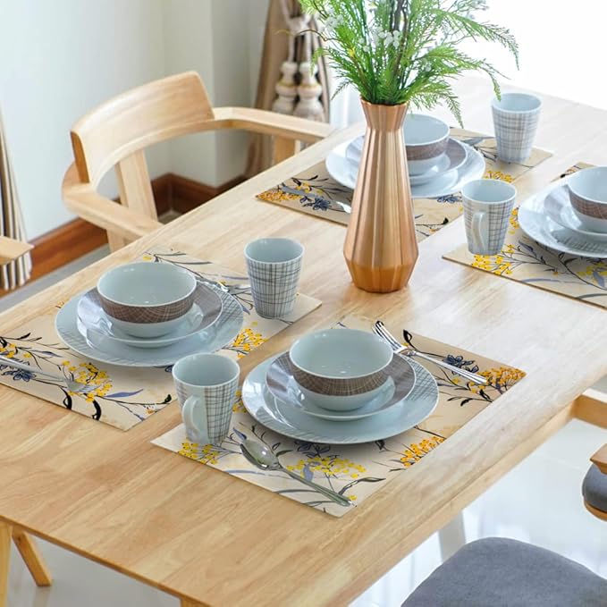 Floral Placemats Set of 4 Vintage Floral Summer Flowers Yellow Placemats for Kitchen Table Linen Placemats Washable Non-Slip Heat Resistant Place Mats for Party Kitchen Dining Decorations 18x12 Inch