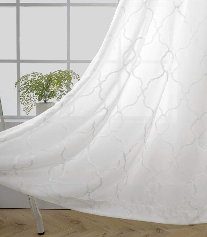 MIUCO Moroccan Embroidered Semi Sheer Curtains Faux Linen Grommet Window Curtains for Bedroom Living Room 95 Inches Long 2 Panels, Pure White