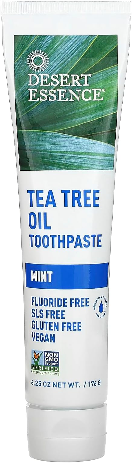 Desert Essence Tea Tree Oil Toothpaste - Mint - 6.25 Ounce - Refreshing Taste - Deep Cleans Teeth & Gums - Helps Fight Plaque - Sea Salt - Pure Essential Oil - Baking Soda - Promotes Healthy Mouth