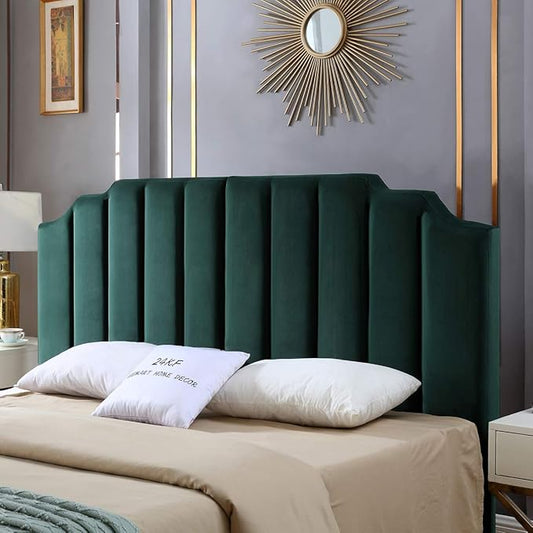 24KF Jade Velvet Tufted King Upholstered Headboard, Modern Vertical Channel Design California King Headboard with Stepped Silhouette Top Edge,Jade