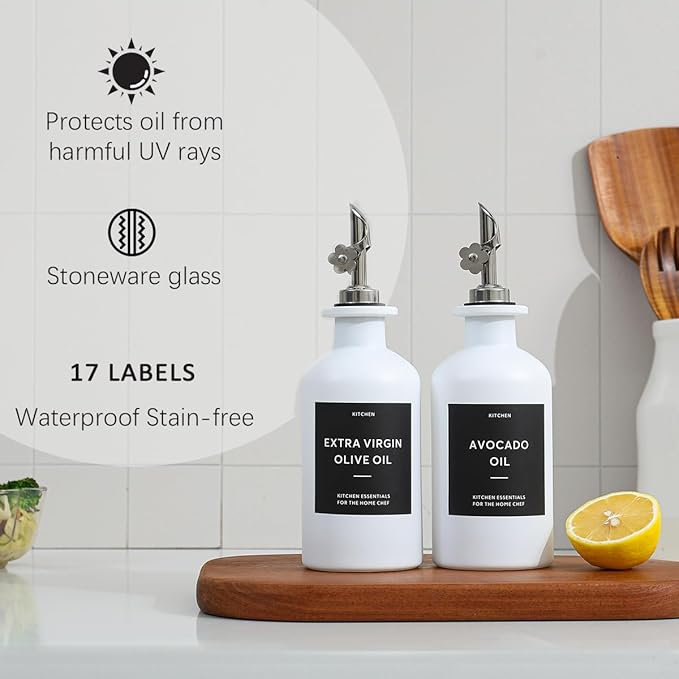 HOMCDALY Olive Oil Dispenser for Kitchen, 11.8oz Glass kitchen Dispenser Bottle, White Oil&Vinegar Cruet Set, Leakproof Oil Bottle for Cooking| Set of 2 (11.8oz – White)