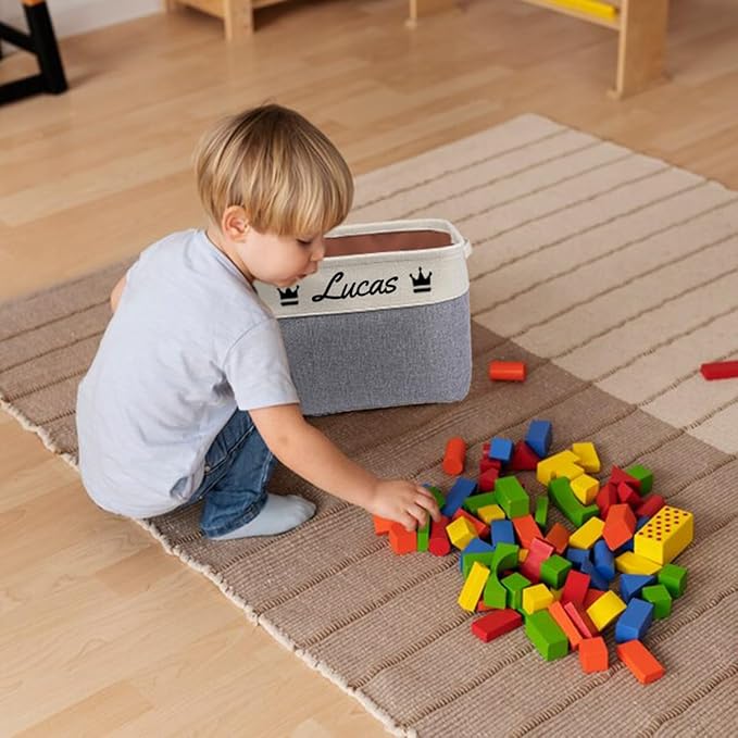 Personalized storage boxes for children Customize the name and icon, A foldable storage box bins for children's clothes, toys, books, etc Storage baskets suitable for both boys and girls (Gray)