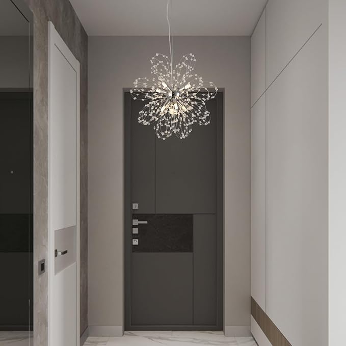 Modern Small Chandeliers, Sputnik Sunflower Crystal Beaded Hanging Lamps, Round Chrome Dandelion Pendant Light for Kitchen Island Bathroom Bedroom Entryway (Chrome 8Lights)
