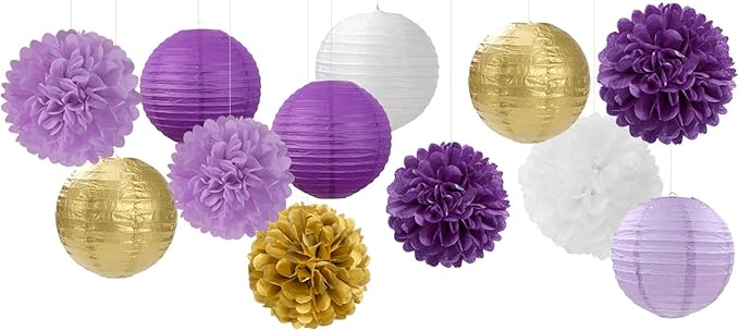 Purple White-Gold Party-Decorations Paper Flowers Lanterns - 15PCS Graduation Lavender Tissue Pom Poms Streamers,Wedding Birthday Bachelorette Baby Shower Classroom Hanging Supplies Decor Hugfond
