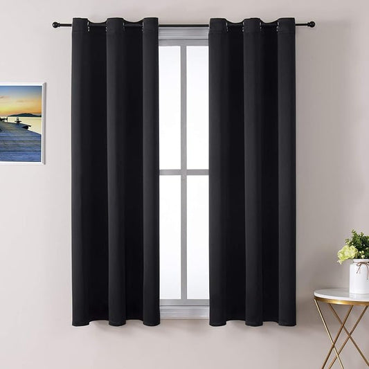 ChrisDowa Small Window Curtains 50 inches Long for Bedroom - Grommet Short Thermal Insulated Room Darkening Curtains for Kitchen (2 Panels, Black, 29 x 50 Inch)
