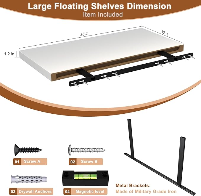12 Inch Deep Floating Shelves for Wall 2 Pack White Floating Shelves Large Storage Space Wall Mount Shelf for Living Room Kitchen Bathroom 36" W x 12" D x 1.2" White