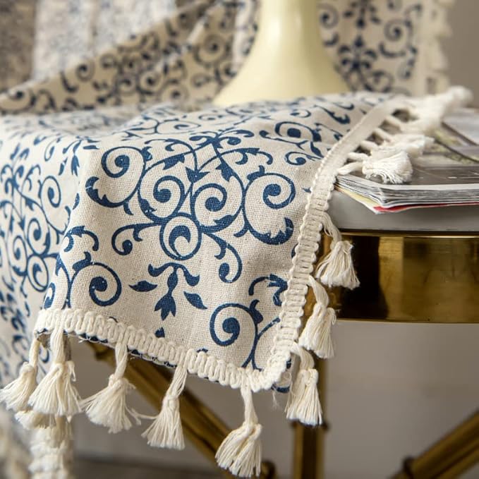 Sutuo Home Boho Curtain 84 Inches Length Semi-Blackout Bohemian Damask Moroccan Florals Print Darkening Curtains Tassels, Rod Pocket Window Treatment Drapes for Bedroom, 1 Panel 59" W x 84" L, Blue