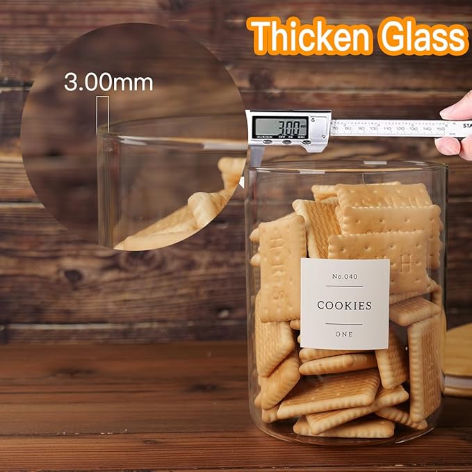 Set of 2 Large Glass Flour and Sugar Containers - 100 Fl oz Thicken Glass Storage Jars with Airtight Bamboo Lid and 132 Kitchen Pantry Labels - Big Clear Rice Containers Farmhouse